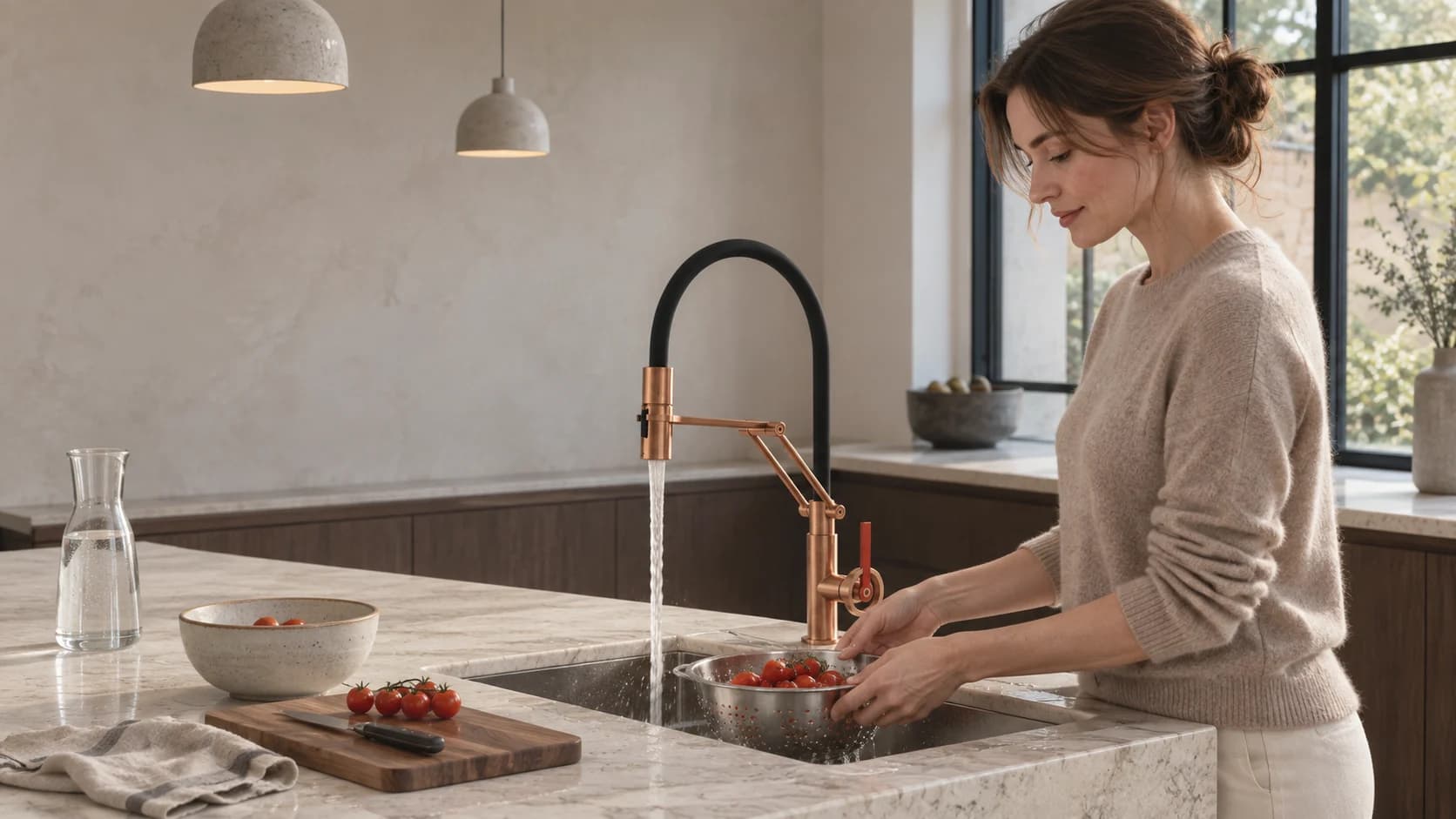 Rubinetto da cucina KF1691 con corpo in ottone, finitura rame, bocca nera ad arco e supporto articolato accanto al lavello; una donna sistema un panno di lino vicino al lavello.