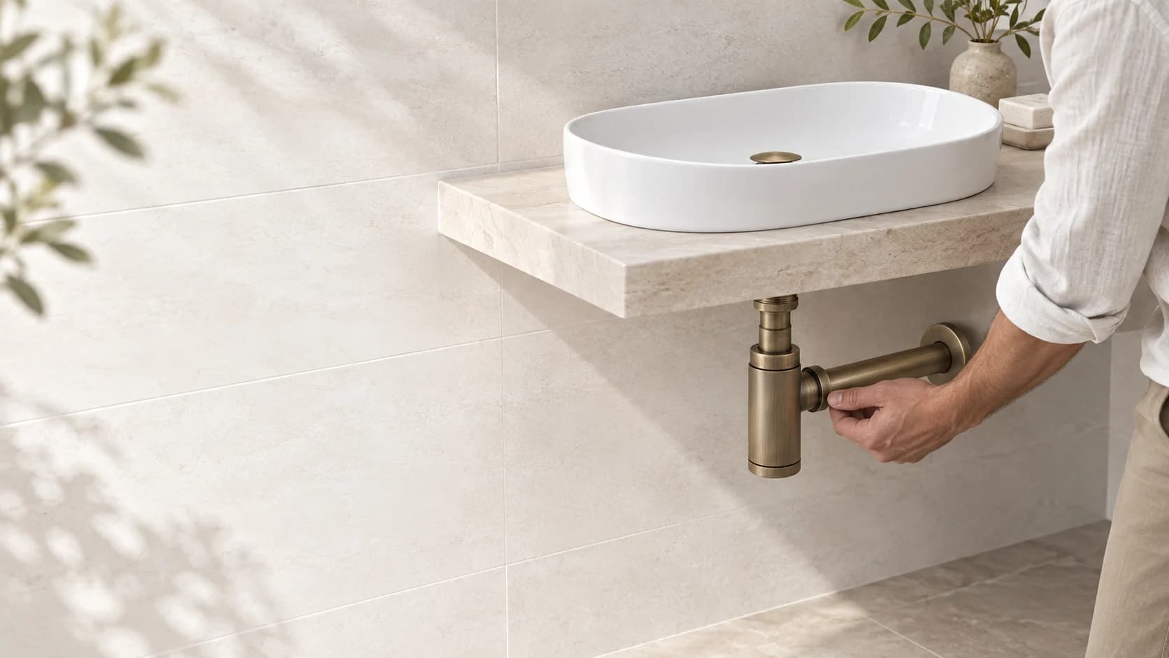 Una persona installa in bagno una piletta pop-up EYN nel lavabo; la parte superiore è visibile nella vasca, mentre il corpo sottostante si trova direttamente sotto il lavabo.