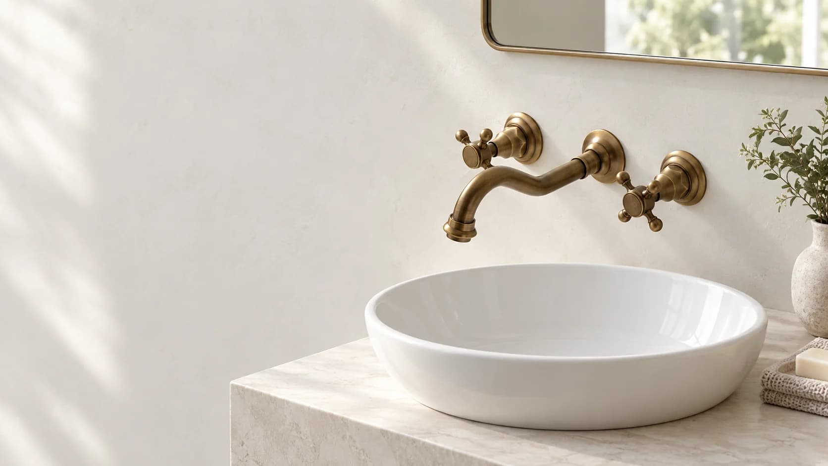 Rubinetto a incasso EYN ATP1808 sulla parete di fondo di un bagno luminoso, sopra il lavabo sul lato destro dell’inquadratura, senza persone.