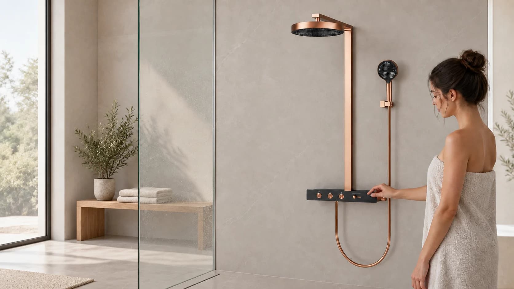 Sistema doccia BSW1727 in bronzo con mensola di comando nera, in un bagno in pietra; una donna controlla i comandi.