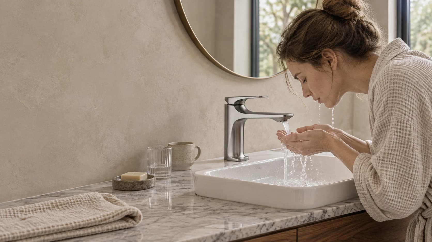 Rubinetto basso BS2150 grigio metallizzato sul ripiano posteriore di un lavabo bianco in un bagno in pietra; una donna si asciuga le mani accanto al bordo anteriore.