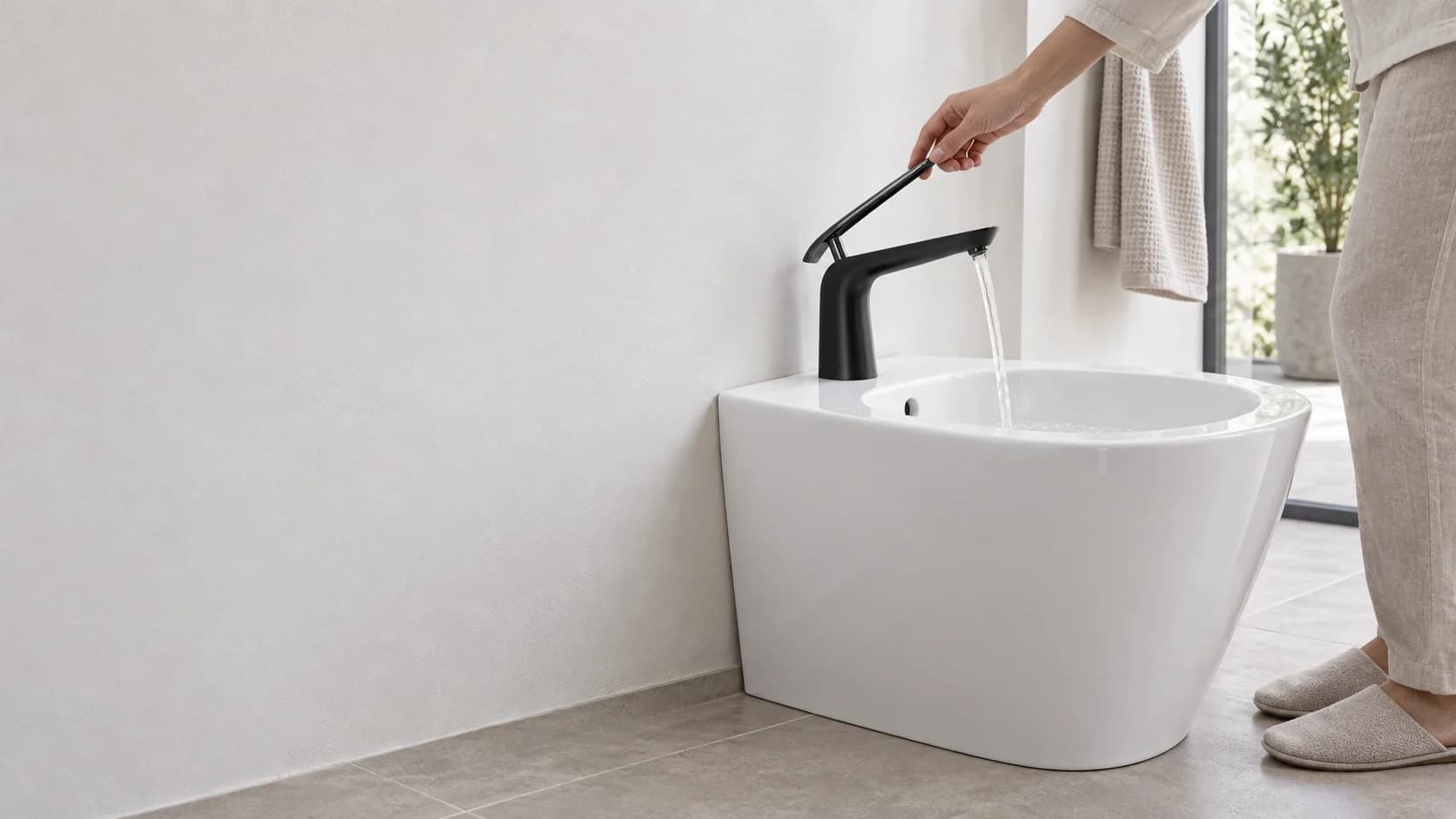 Il rubinetto per bidet nero EYN BB1402 è installato correttamente sul sanitario, mentre una persona sulla destra aziona la leva.