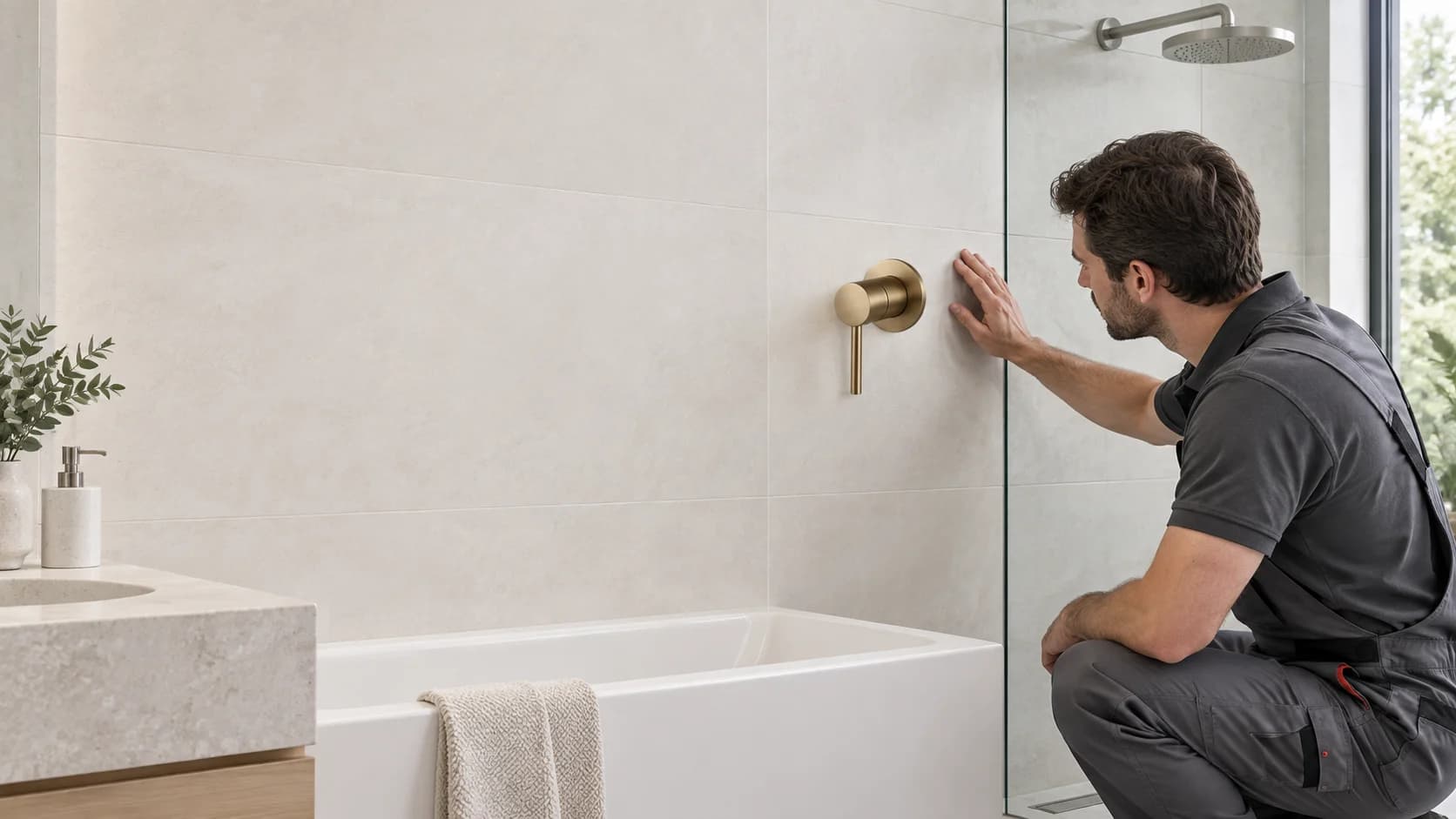 Un installatore, sul lato destro del bagno, controlla la valvola miscelatrice da incasso EYN BFP1543 per doccia e vasca con rosone rotondo.
