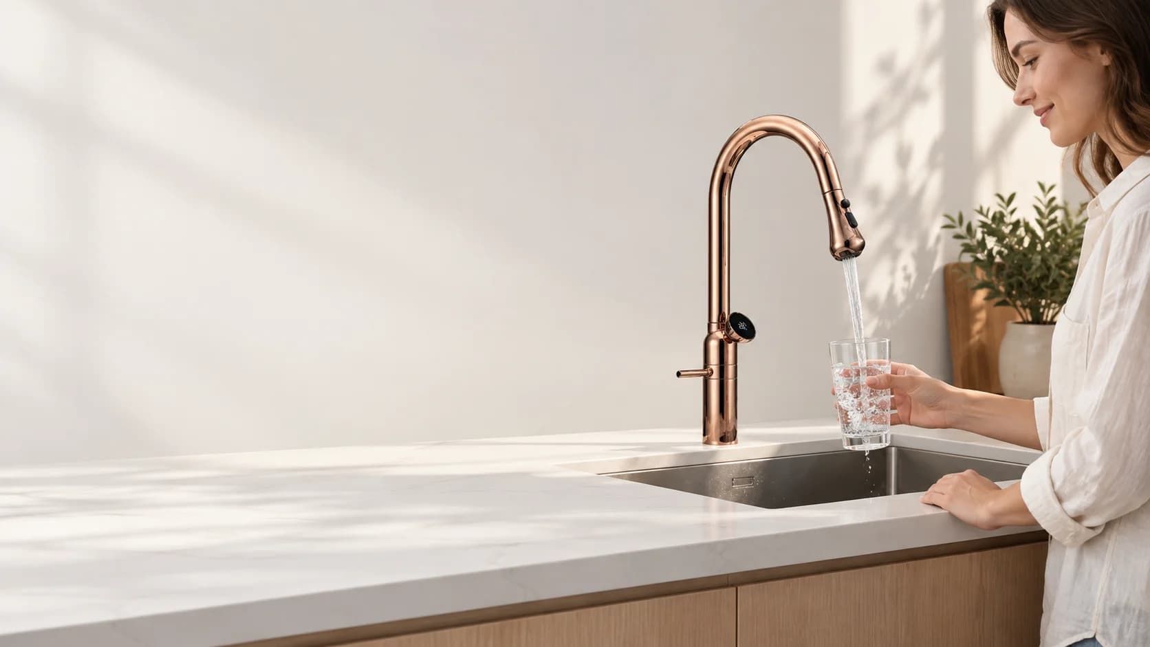 Rubinetto da cucina monocomando KF1694 in oro rosa montato sul lavello, mentre una persona riempie un bicchiere sotto un getto d’acqua pieno e cilindrico.