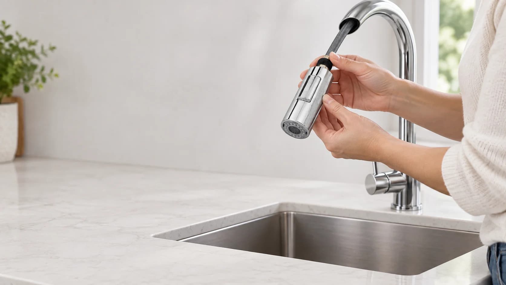 Una persona accanto al lavello installa la doccetta estraibile EYN KFH1152 sul flessibile del rubinetto da cucina.
