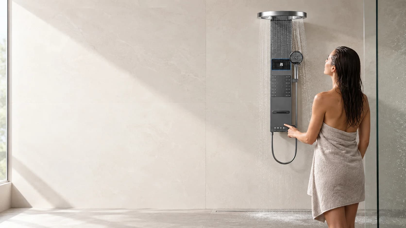 Il pannello doccia BSE1424 è installato esternamente sulla parete posteriore del bagno, mentre una persona sulla destra controlla il flusso d’acqua dall’erogatore identificato.
