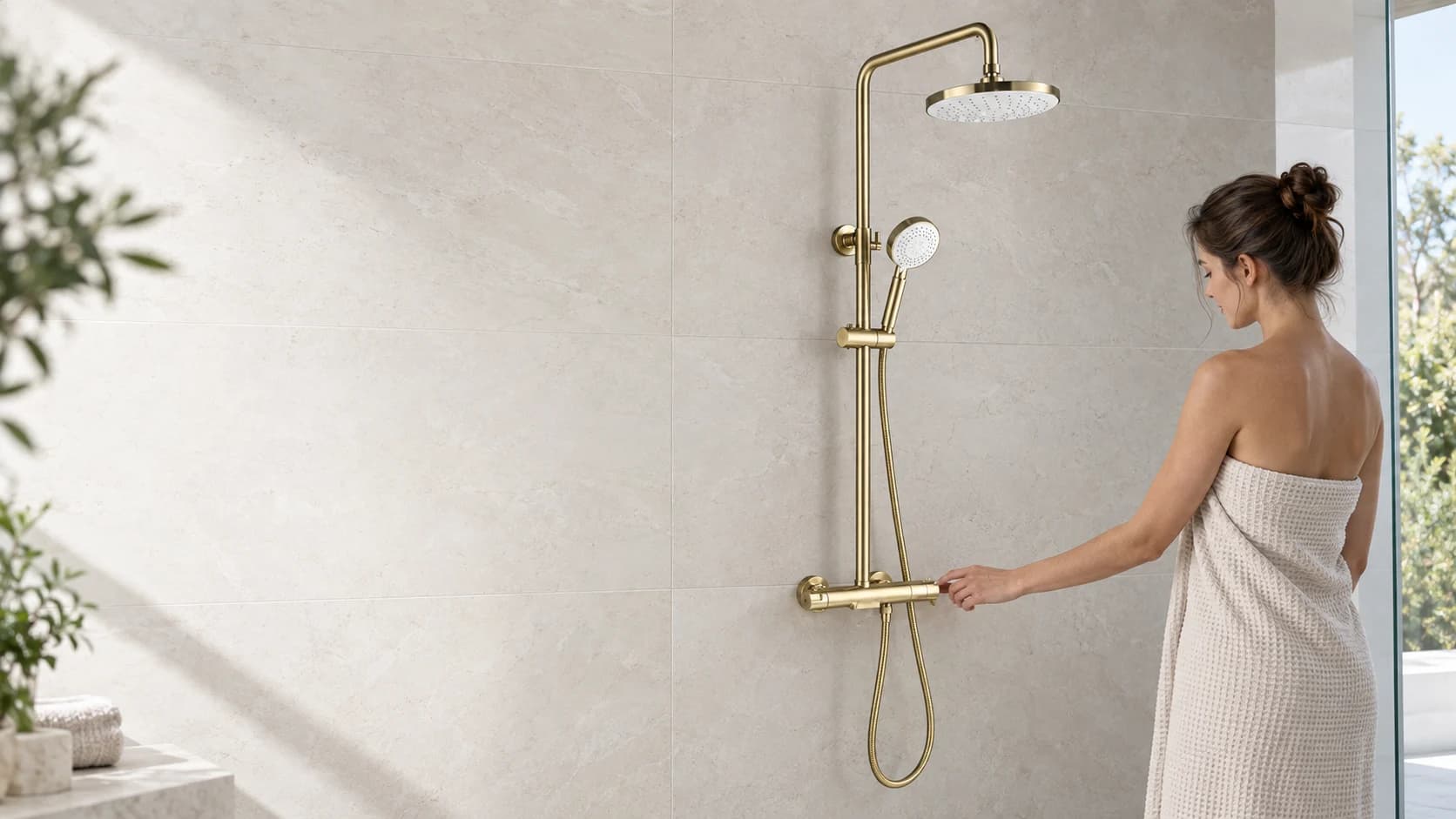 Sistema doccia esterno dorato EYN GT2251 sulla parete di fondo del bagno, con una persona accanto che controlla la temperatura.