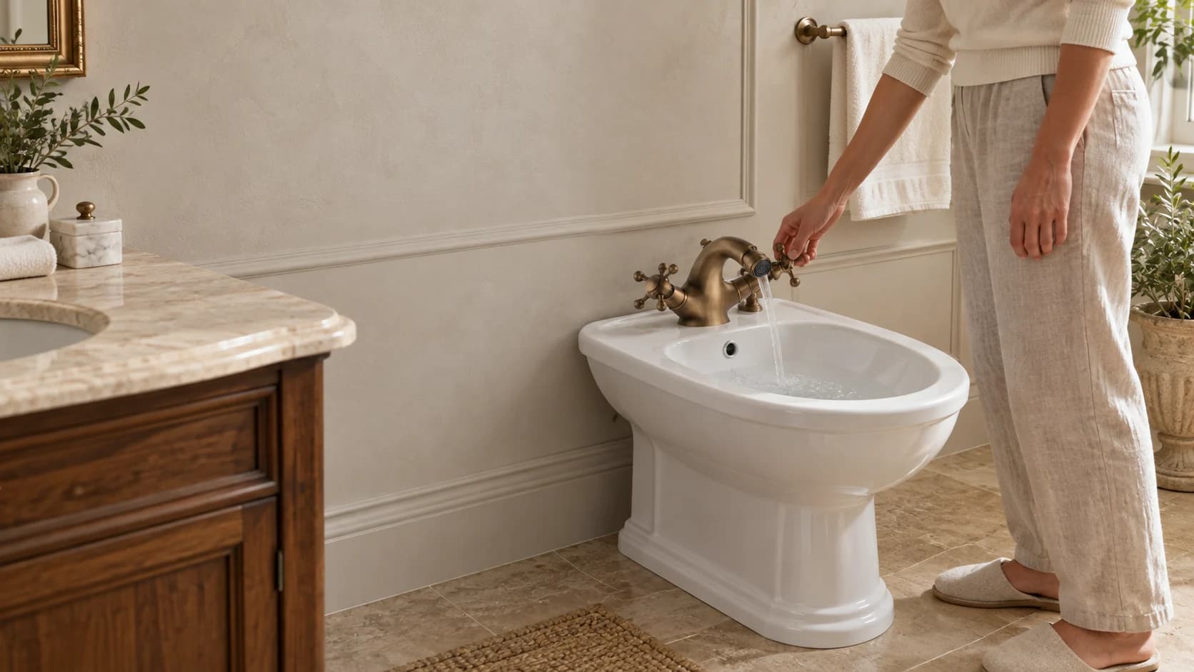 Rubinetto per bidet in stile antico AQB1144 su un bidet classico; sulla destra, una persona controlla il flusso dell’acqua in un bagno arredato in modo realistico.