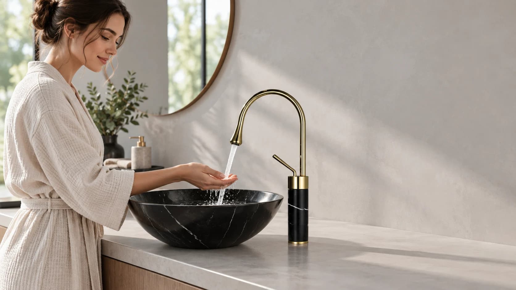 Rubinetto da bagno EYN BF0954 installato sul piano accanto al lavabo, mentre una persona controlla il flusso dell’acqua.