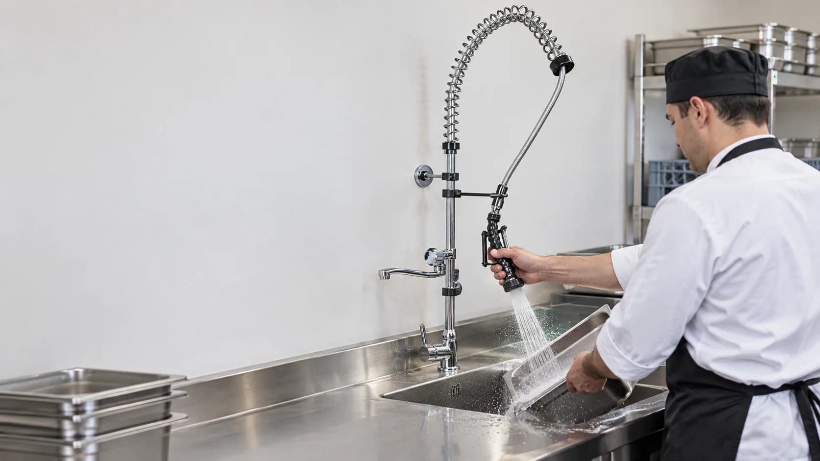 Rubinetto professionale EYN PA1311 con molla cromata, doccetta manuale nera e bocca separata sopra un lavello in acciaio inox; una cuoca asciuga una stoviglia in porcellana accanto alla zona lavaggio.