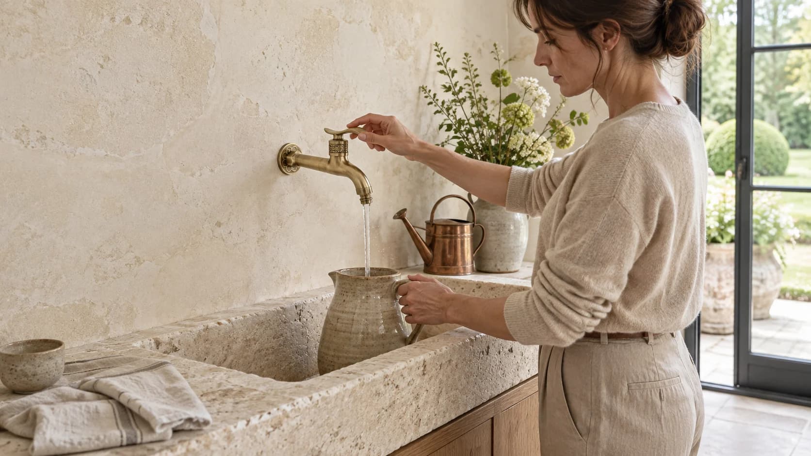 Rubinetto rustico nero a muro CW1347 con due uscite accanto al piano di lavoro, mentre una persona sulla destra eroga acqua fredda.