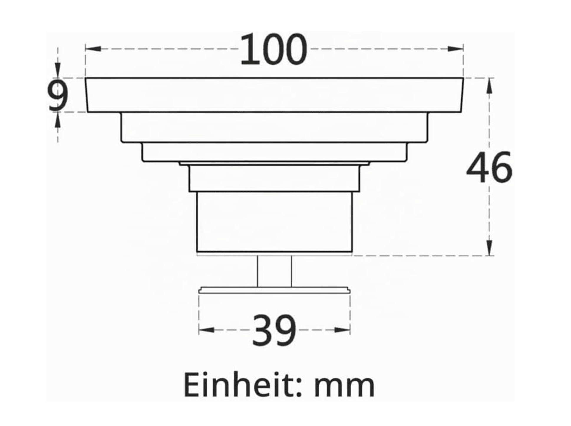 Tehnički crtež kvadratne tuš kanalice AS2151 (100 mm, 46 mm, 39 mm)