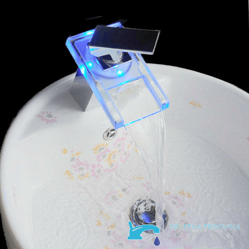 Miscelatore per lavabo EYN XL8002 da piano con cascata in vetro, luce LED e diverse finiture cromate e trasparenti
