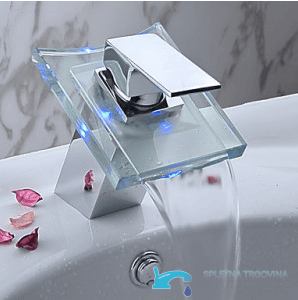 Rubinetto per lavabo EYN cq0812 da piano con getto a cascata, LED e vetro trasparente, in diverse finiture