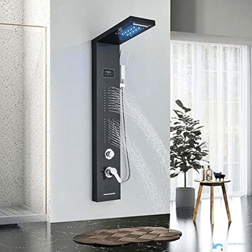 Sistema doccia a pannello EYN BSP1912 con LED, cascata e getti massaggianti, in più finiture tra cui nero opaco e argento spazzolato