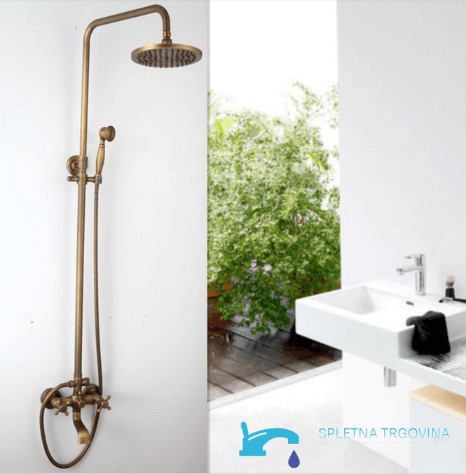 Sistema doccia esterno EYN NSB76437 con bocca girevole a 360°, bronzo anticato e ottone anticato