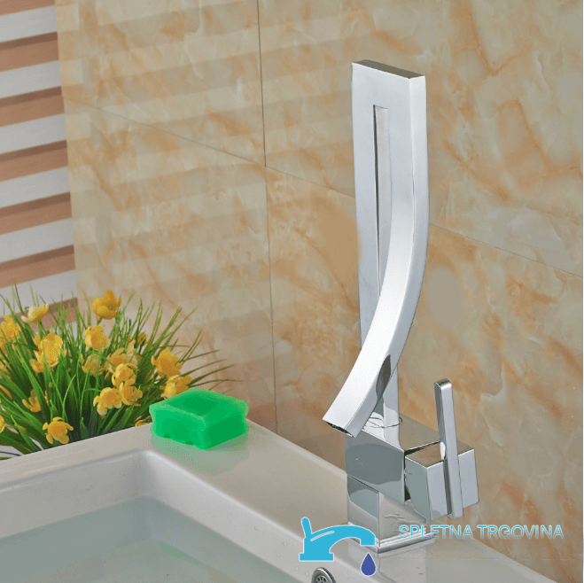Miscelatore per lavabo EYN KA5711 da piano in ottone con bocca a cascata, cromo e argento