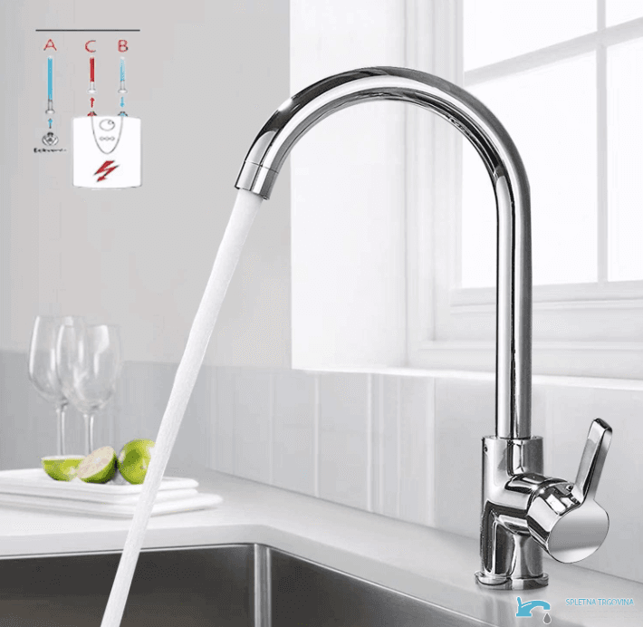 Rubinetto da cucina a bassa pressione EYN NT1311 da piano in ottone con bocca girevole, finiture cromo e argento