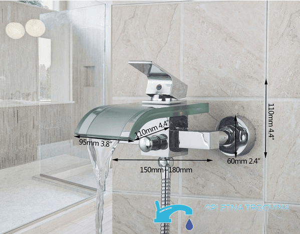 Miscelatore per vasca a parete EYN SK0264 in ottone e vetro temperato con bocca a cascata, in più finiture