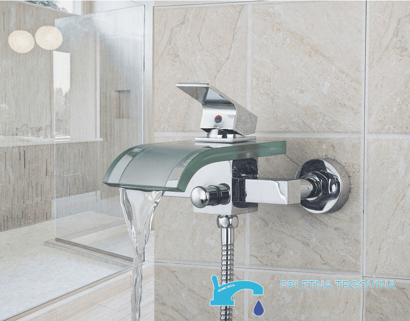 Rubinetto per vasca a parete EYN SAK4783 con bocca a cascata, cromo e trasparente oppure argento e verde chiaro trasparente