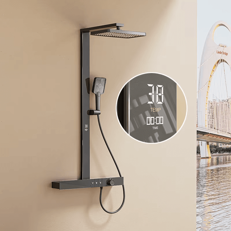 Sistema doccia BSE1719 in grigio scuro installato a parete in un bagno