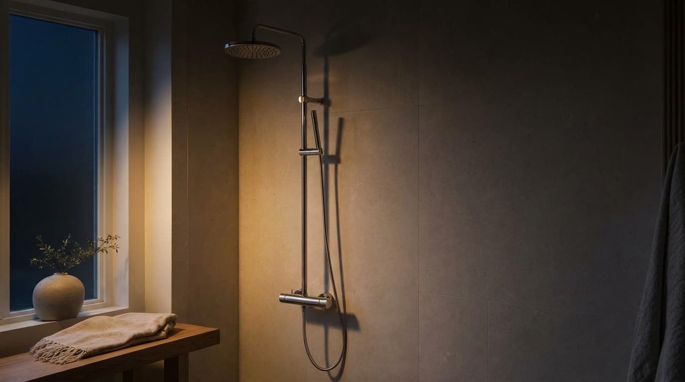 Sistema doccia esterno termostatico con soffione a pioggia, asta miscelatrice e doccetta sulla parete di un bagno luminoso