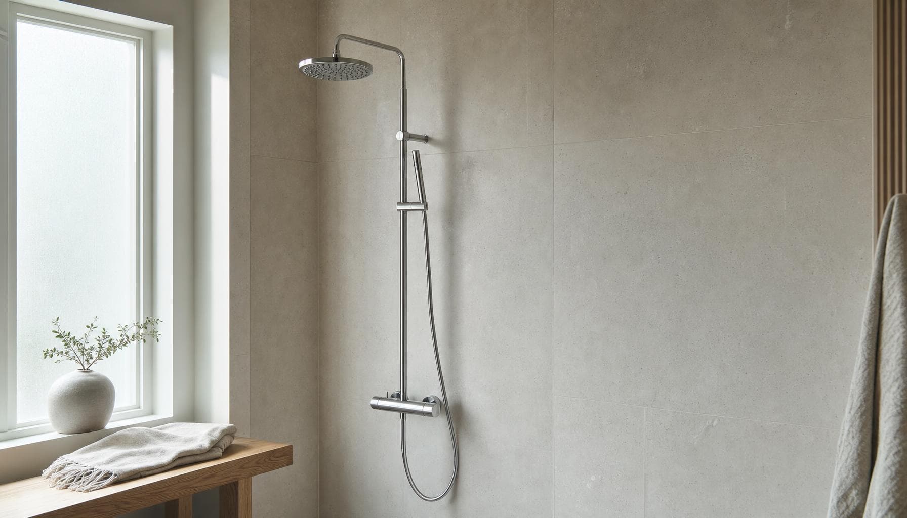 Sistema doccia esterno termostatico con soffione a pioggia, asta miscelatrice e doccetta sulla parete di un bagno luminoso