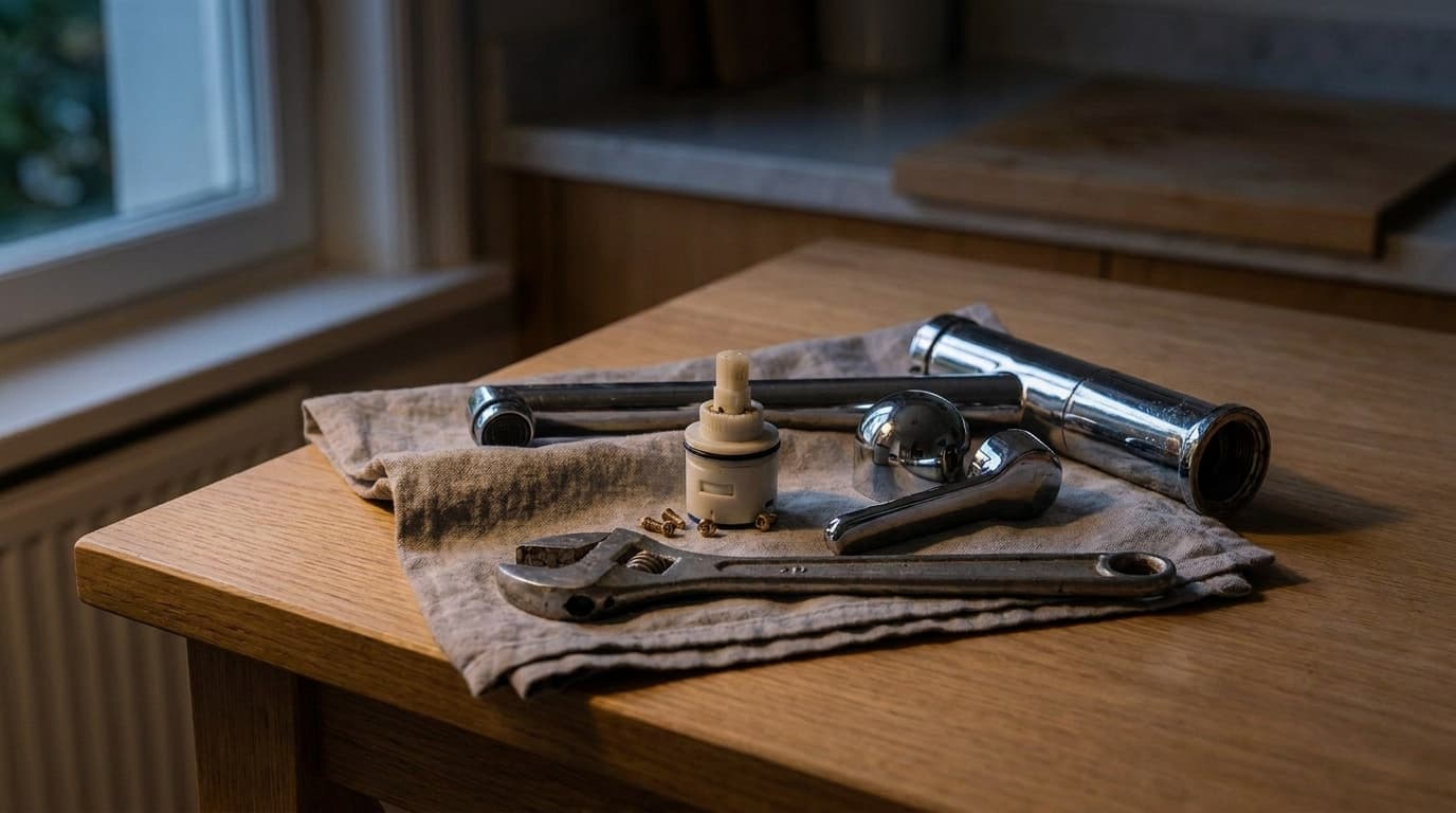 Miscelatore monocomando smontato con cartuccia ceramica e attrezzi su un tavolo di legno