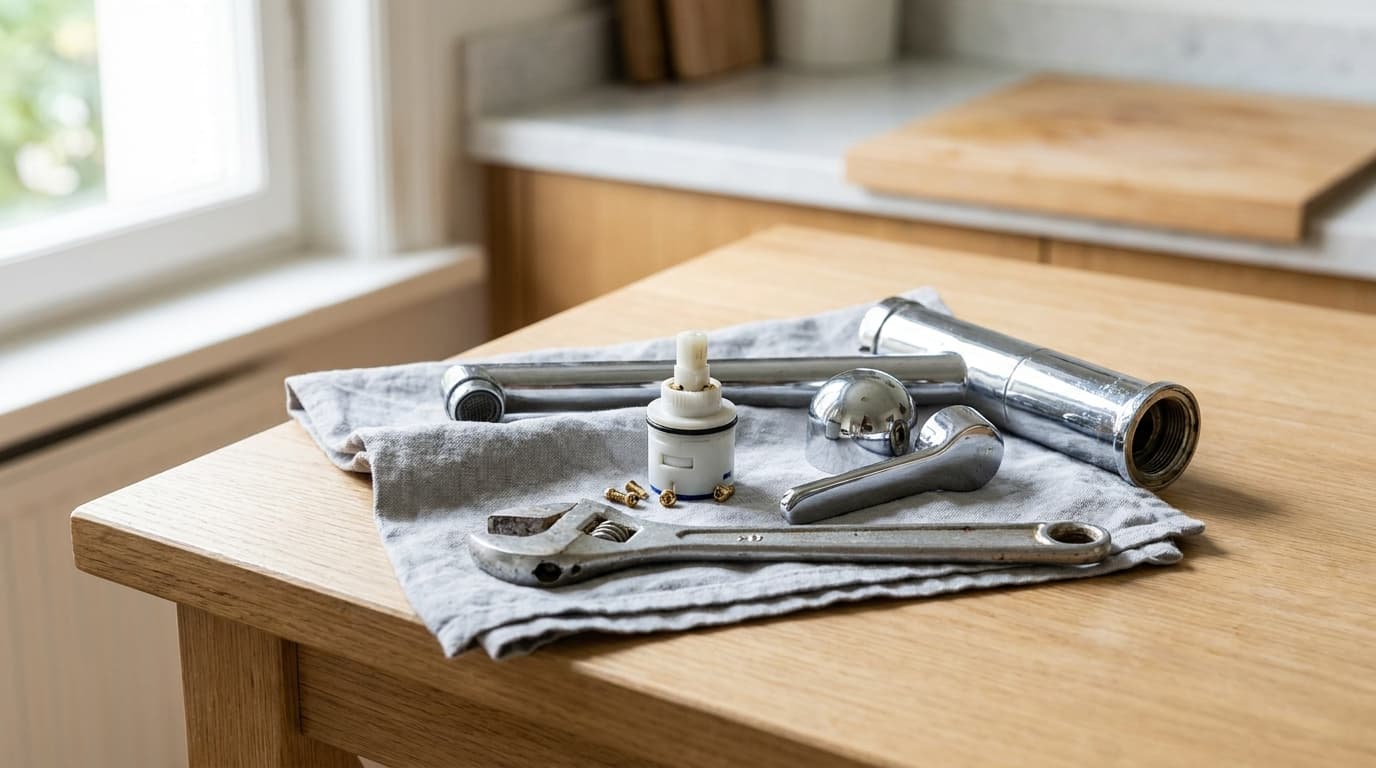 Miscelatore monocomando smontato con cartuccia ceramica e attrezzi su un tavolo di legno
