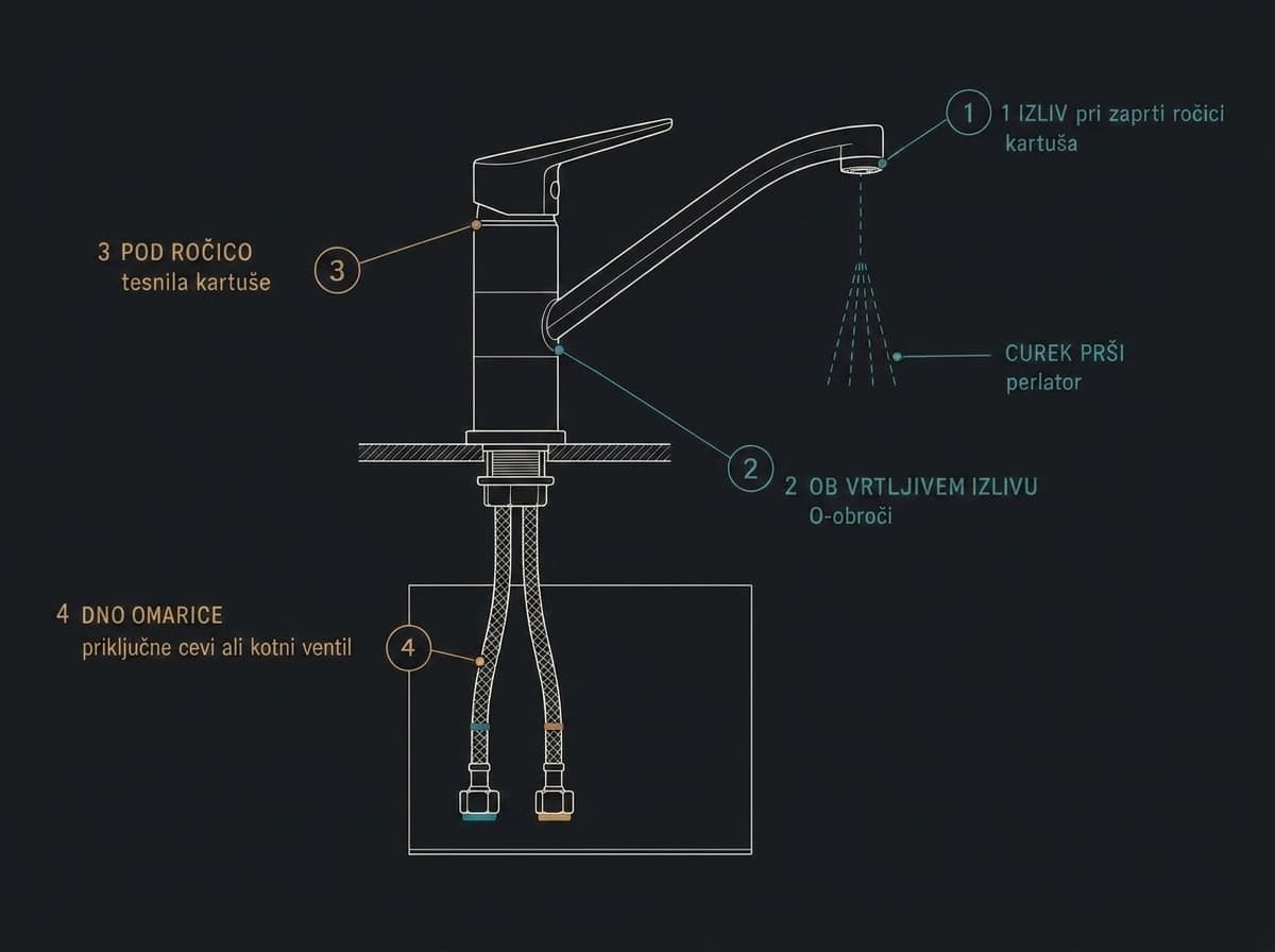 Schema di un miscelatore monocomando con quattro punti di perdita segnalati: aeratore sulla bocca, bocca a leva chiusa, bocca girevole sul corpo e flessibili di allacciamento nel mobile