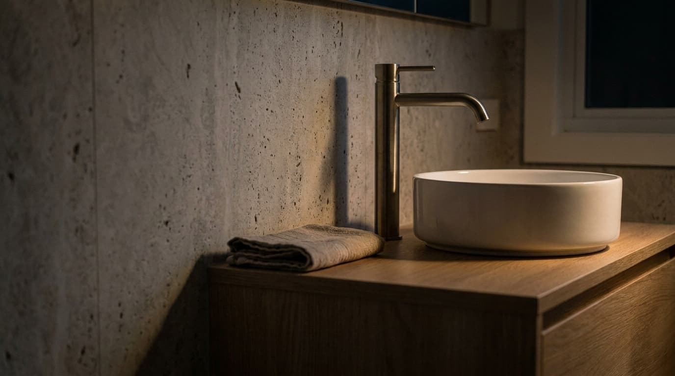 Rubinetto alto da bagno in nichel spazzolato accanto a un lavabo da appoggio su un mobile in rovere
