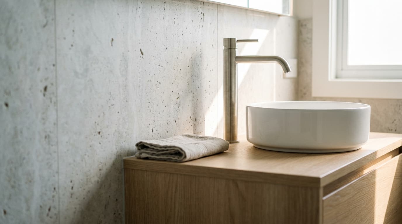Rubinetto alto da bagno in nichel spazzolato accanto a un lavabo da appoggio su un mobile in rovere