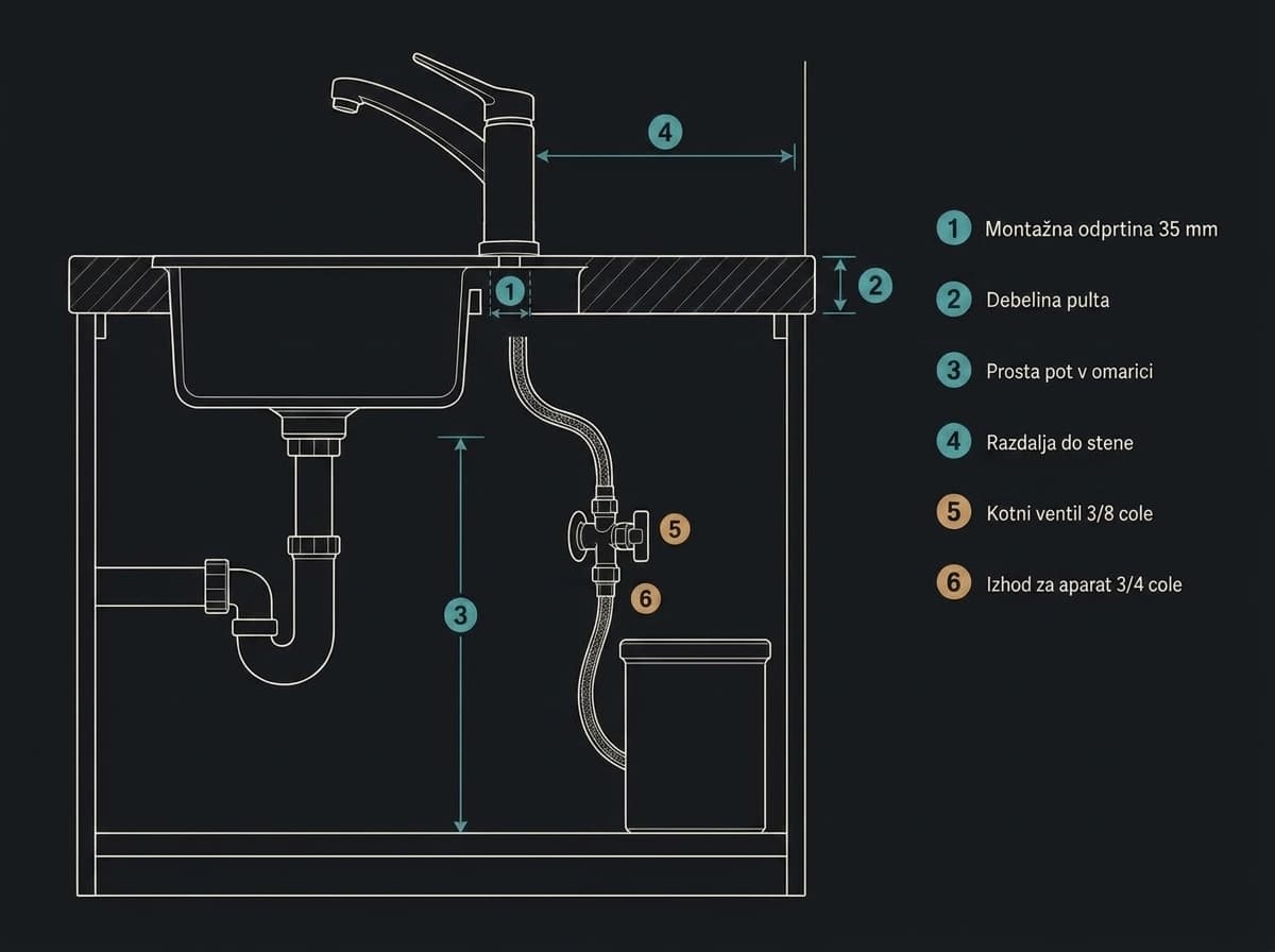 Schema delle misure prima della sostituzione del rubinetto da cucina: foro di montaggio, spessore del piano, spazio nel mobile e rubinetto sottolavello con uscita per l'apparecchio