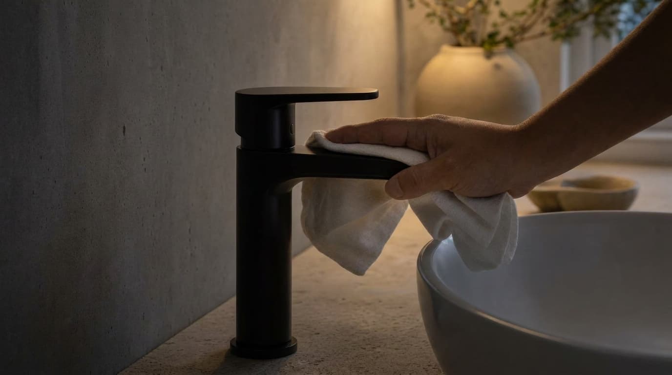 Una mano asciuga con un panno morbido di cotone un rubinetto da bagno nero opaco accanto al lavabo