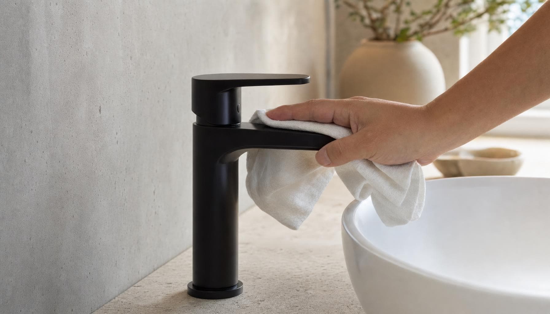 Una mano asciuga con un panno morbido di cotone un rubinetto da bagno nero opaco accanto al lavabo