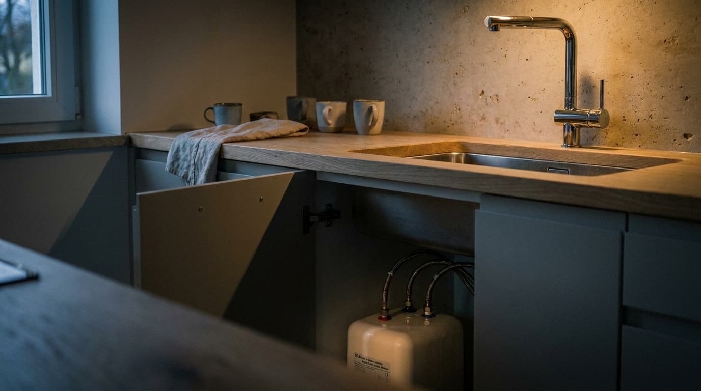 Rubinetto da cucina cromato a bassa pressione sopra il lavello e mobile aperto con scaldacqua non in pressione e tre flessibili di allacciamento