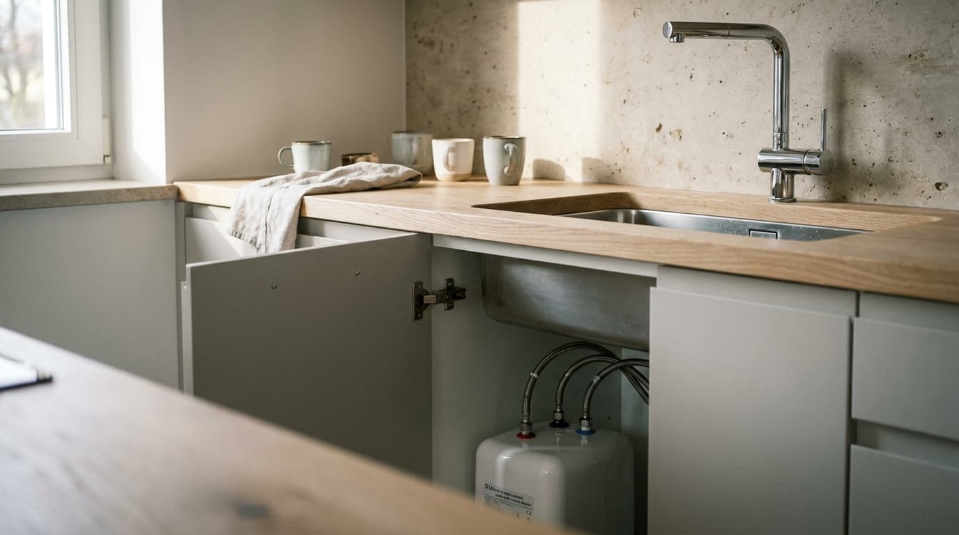 Rubinetto da cucina cromato a bassa pressione sopra il lavello e mobile aperto con scaldacqua non in pressione e tre flessibili di allacciamento