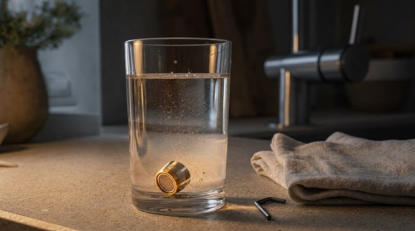 Aeratore svitato in un bicchiere di acqua calda con detergente e rubinetto cromato sullo sfondo