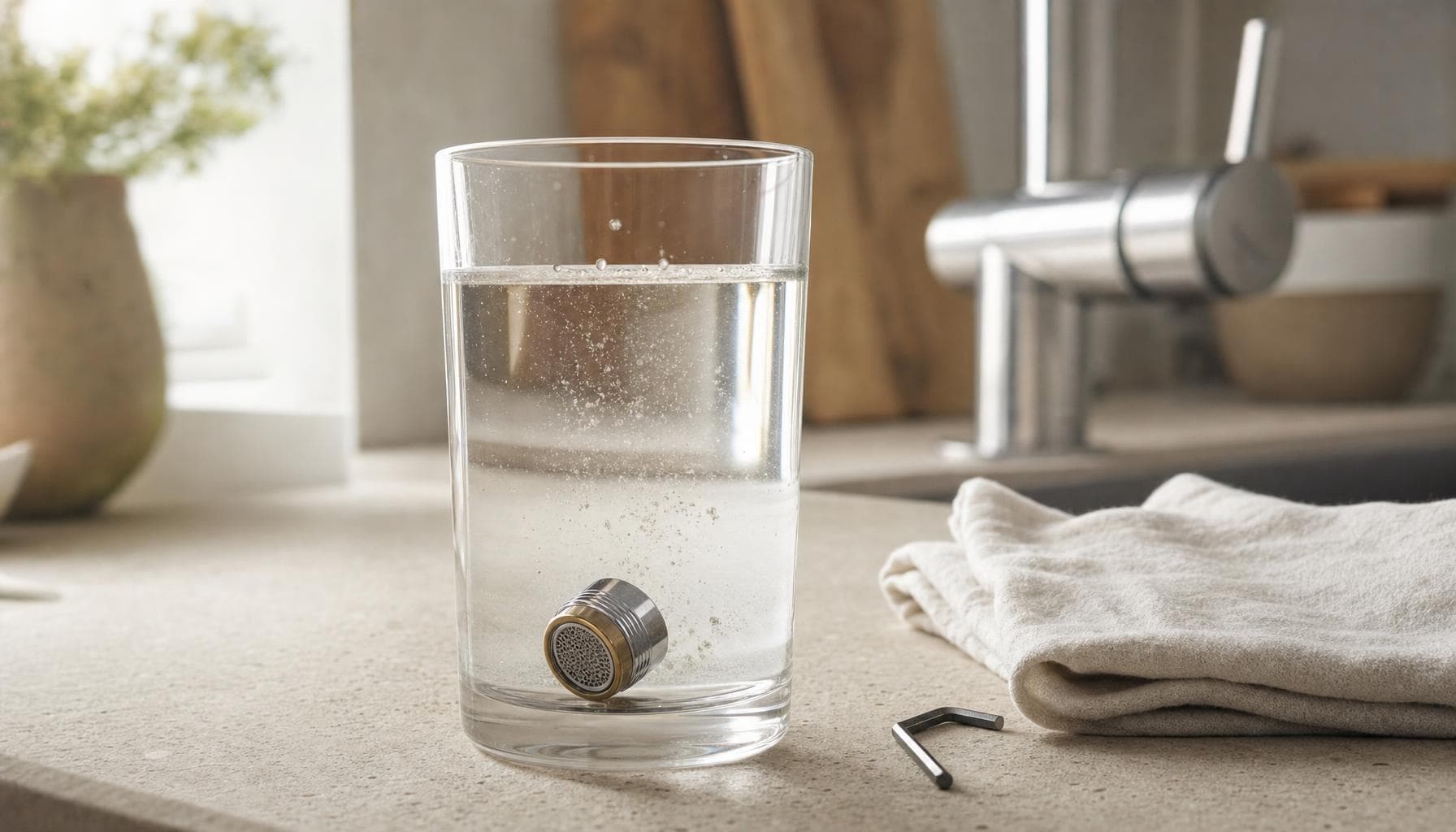 Aeratore svitato in un bicchiere di acqua calda con detergente e rubinetto cromato sullo sfondo