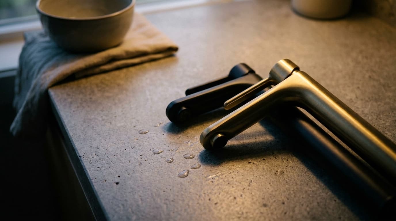 Rubinetto nero opaco e rubinetto oro spazzolato con finitura PVD su un piano in pietra