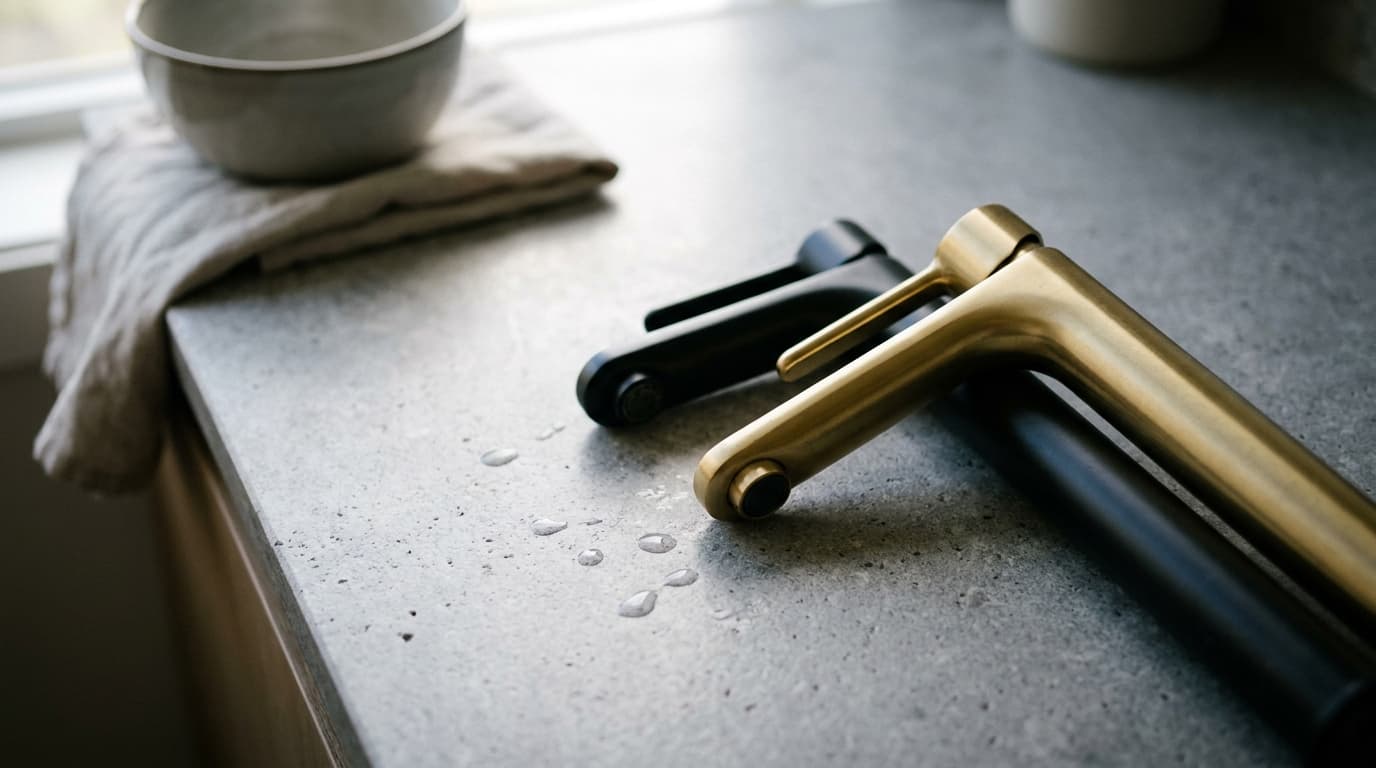 Rubinetto nero opaco e rubinetto oro spazzolato con finitura PVD su un piano in pietra