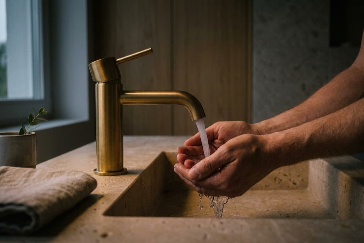 Rubinetto da bagno in oro spazzolato sopra un lavabo tondo da appoggio