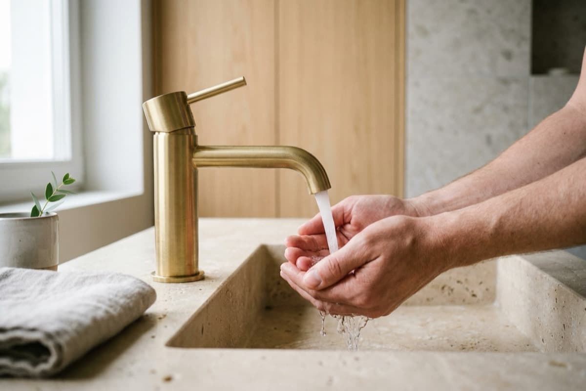 Rubinetto da bagno in oro spazzolato sopra un lavabo tondo da appoggio