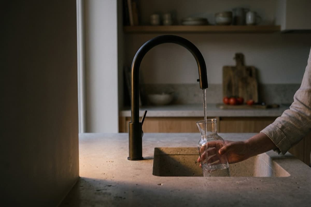 Un uomo risciacqua verdure con un rubinetto da cucina in acciaio spazzolato