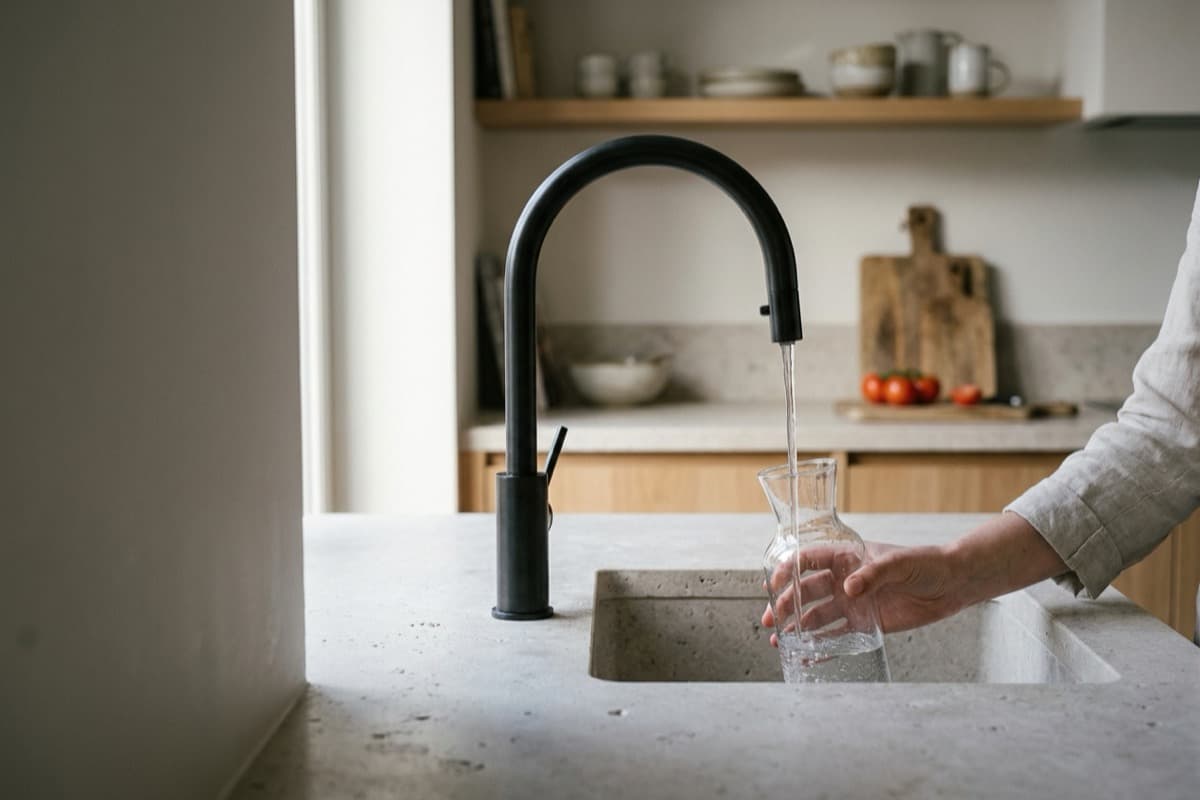 Un uomo risciacqua verdure con un rubinetto da cucina in acciaio spazzolato