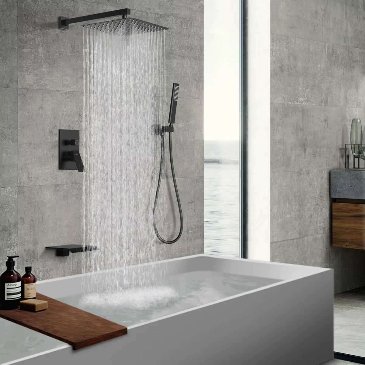 Sistema doccia ELITE EDITION BSW1679 termostatico da incasso con cascata e doccetta, nero e nero opaco, 30 cm