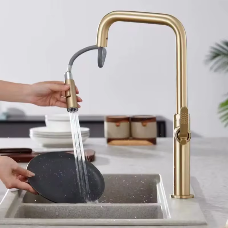 Modern 304 Stainless Steel Pull Kitchen Faucet Contemporary Design Hot Cold Water Tap Zinc Handle Brush Gold
