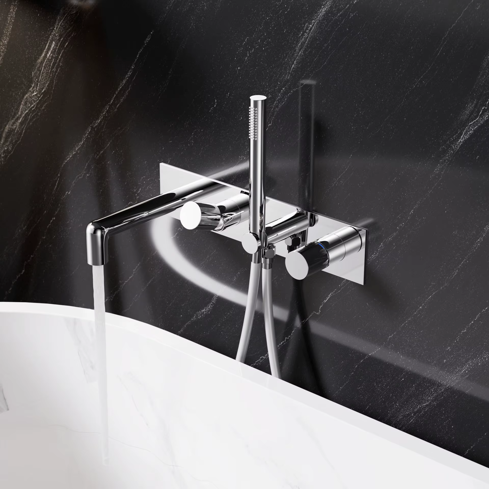 ELITE EDITION BSC1723 cromato da incasso a parete installato in un bagno con marmo nero