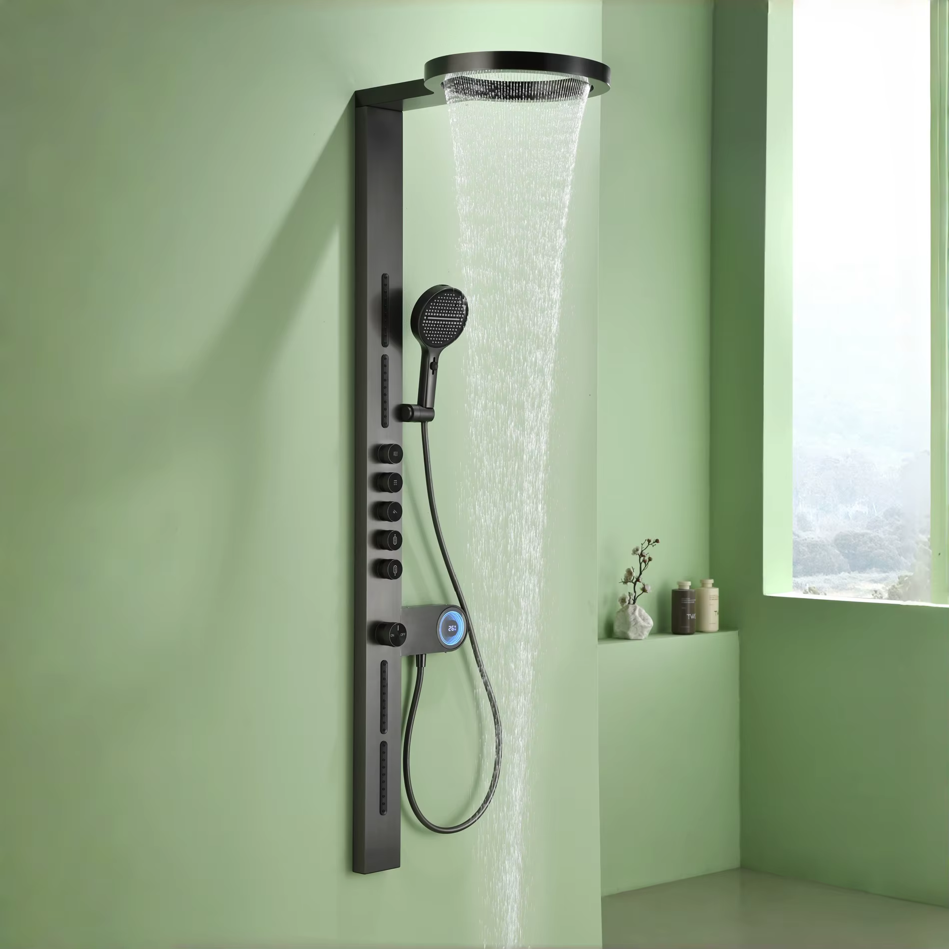 Sprchový systém ELITE EDITION BSW1726 v použití: zelená koupelna a digitální displej