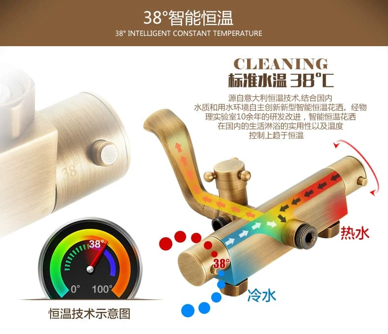 Sistema doccia esterno in ottone con termostato ATS1155, finitura spazzolata in ottone anticato